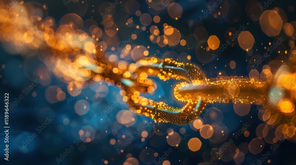 Poster glowing chain link with sparkling particles, symbolizing connection and strength. vibrant colors cre