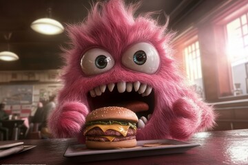 Stock photo of a spoiled whiny child at a fast food restaurant. The picture features a funny monster kid enjoying a burger, capturing a childhood moment with a playful expression, embodying the