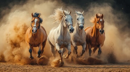 Fototapeta premium Four horses running fast, kicking up dust.