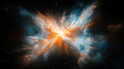 Obraz premium Cosmic explosion illustration shows vibrant burst light color deep space. Vivid colors nebula form stunning abstract artwork. Intense energy emanates from central point creating dynamic visual