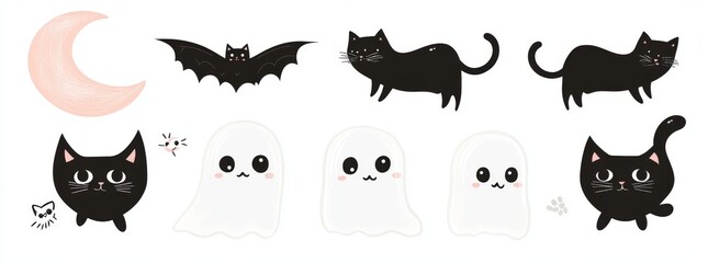 Obraz premium A collection of adorable kawaii ghosts and cat illustrations. Halloween character artwork in trendy pink and retro hues