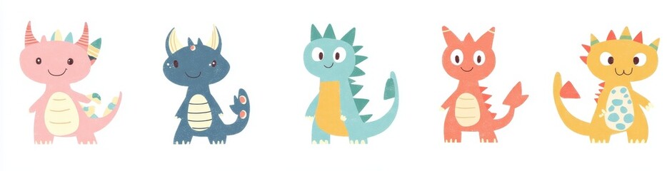 Fototapeta premium Cute monster set line banner. Happy Halloween. Vibrant monsters showcasing various emotions. Funny face head. Cartoon kawaii boo baby character. Childish collection. White background. Flat design