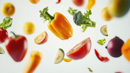 Different fresh fruits and vegetables in air on white background © Chandlerlikes
