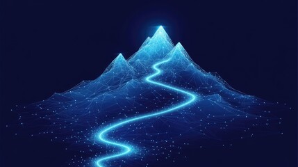 Glowing path leading to a peak of a mountain range.