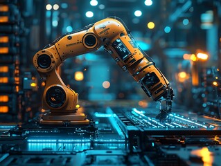 Robotic arm assembling circuit board in futuristic factory.