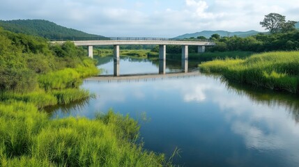 Obraz premium Tranquil river scene. Concrete bridge spans calm waterway. Green vegetation lines riverbanks. Nature eco preservation. Peaceful rural landscape. Sustainable development. Peaceful infrastructure. Eco