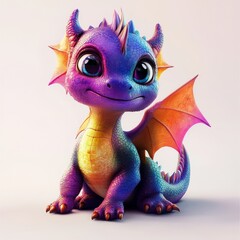 Fototapeta premium Colorful cute cartoon fairy baby dragon with wings in 3D on a white background, Stock