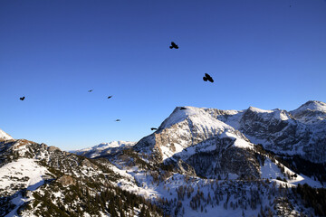 majestic mountain range covered with snow. The bright sun illuminates the snow-capped peaks and slopes