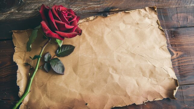 red rose rests on crumpled brown paper, creating romantic and nostalgic atmosphere. contrast between vibrant flower and textured background adds depth to composition