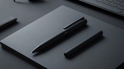 Dark grey notebook, pen, and stylus on a desk.