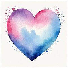 A watercolor painting of a heart in soft pink, blue, and purple hues, surrounded by splashes of paint on a white background