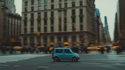 A blue car drives through a bustling city intersection with blurred pedestrians and buildings.