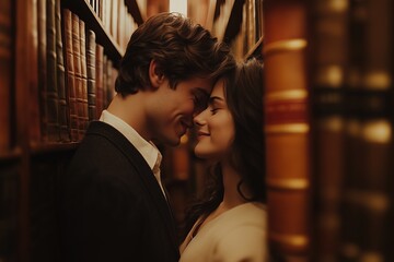 Young couple whispering and laughing between library bookshelves, enjoying a romantic and intimate moment together