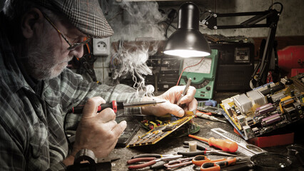 Technician repairing a computer in a workshop. Selective focus.