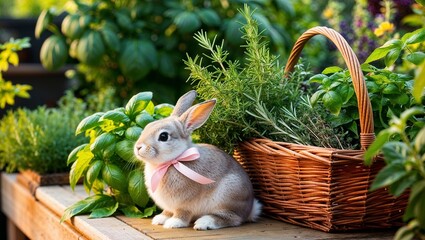 Bunny with basket Easter of herbs in garden