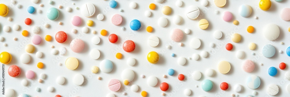 Aufkleber variety of colorful pills and capsules scattered on a white surface for health and wellness concepts