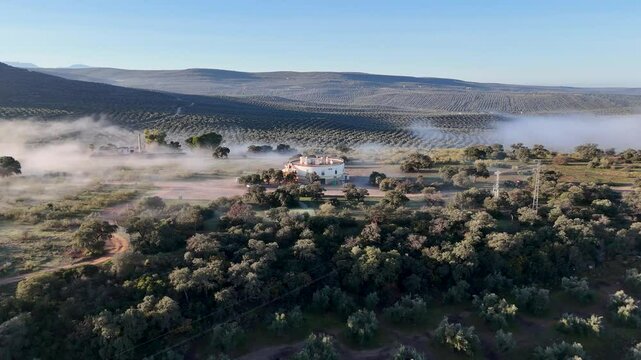 Rus, Spain - Dec 12, 2023: A circling drone video around the Hotel Paraje La Lambra during sunrise and morning mist