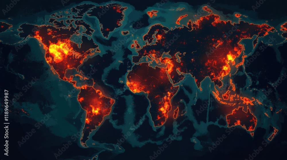Poster world map highlighting regions affected by epidemic outbreaks across continents. generative ai