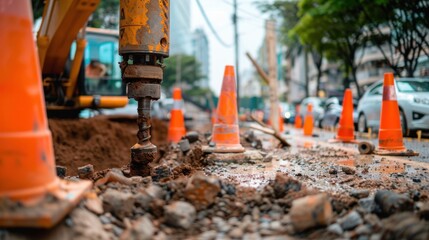 Construction site with orange cones, excavator, and muddy ground