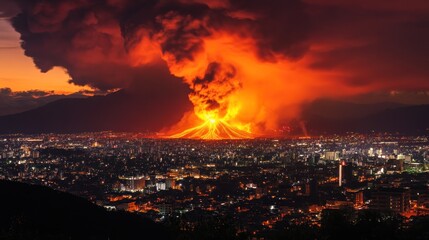 Fiery volcanic eruption at night over city.