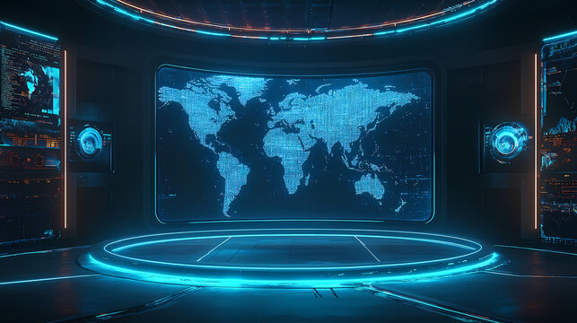 Futuristic news studio with a glowing world map backdrop, circular stage platform, blue neon lighting, high-tech broadcast environment, global news concept. Crystalshade. Illustration