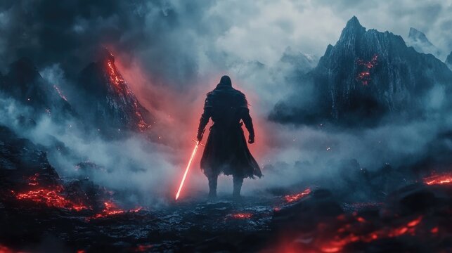 A lone warrior stands defiantly before a fiery volcanic landscape, his red lightsaber gleaming in the ominous mist. Epic fantasy adventure.