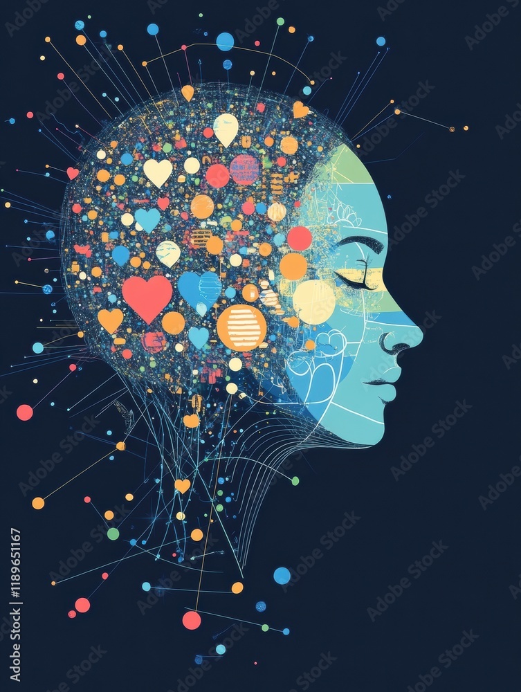 Aufkleber colorful icons create a stylized human face representing emotions and connections in a vibrant desig