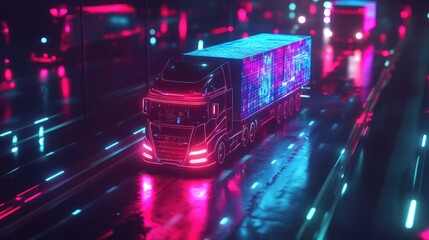 Futuristic neon truck driving on a city highway at night.