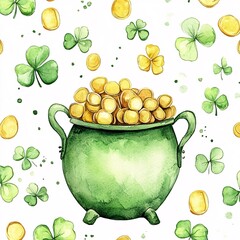A watercolor illustration of a pot filled with gold coins surrounded by green shamrocks and scattered gold pieces, perfect for St. Patrick's Day-themed designs