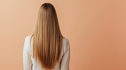 Obraz premium Hair styling. Woman with straight long hair on pale brown background, back view