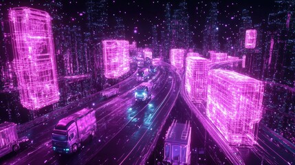 Obraz premium Futuristic neon city highway with digital buildings and glowing vehicles.