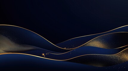 Elegant dark blue banner with golden lines, waves. Luxurious design suitable for business conference invitations corporate party posters presentation mockups. Upmarket event template featuring smooth