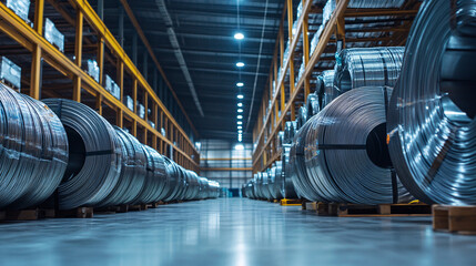 Fototapeta premium A modern industrial warehouse filled with large coils of shiny rolled steel under bright overhead lighting and metal storage racks 