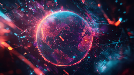 Obraz premium Abstract view of a glowing earth surrounded by a vibrant network of digital connections and lights. Crystalshade. Illustration