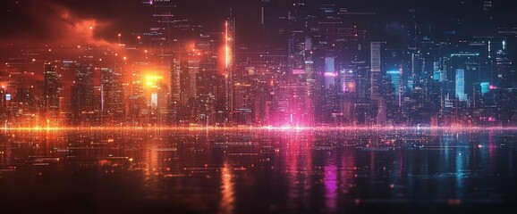 Fototapeta premium Futuristic city skyline reflected in water at night.