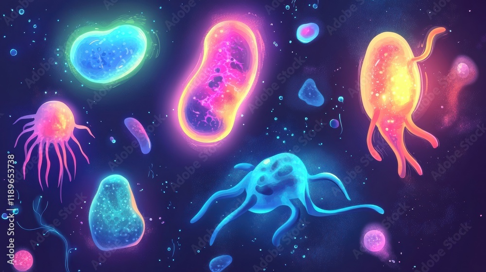 Poster Illustration of diverse microscopic microbes in vibrant colors with various shapes and textures. Generative AI