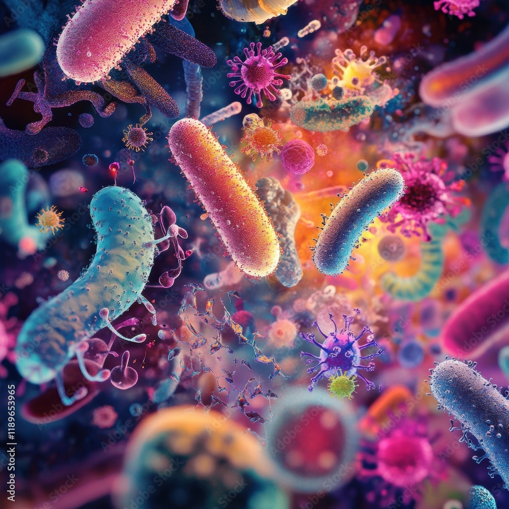 Leinwandbilder exploring the vibrant world of microscopic microbes displaying various shapes and textures. generati