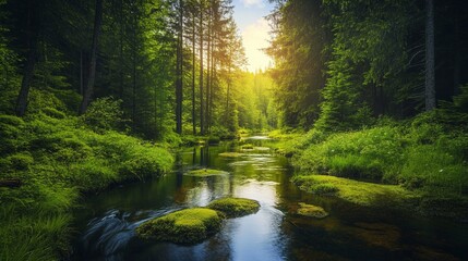 Fototapeta premium Lush forest landscape reflecting the beauty of nature with a tranquil river and sunlight streaming through trees