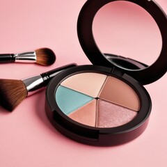 A sleek makeup palette with four colorful shades: peach, blue, tan, and shimmering pink, surrounded by two makeup brushes on a pink background