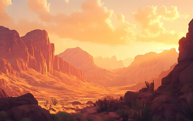 Naklejka premium Majestic Desert Sunset: A Panorama of Golden Hues and Rugged Mountains