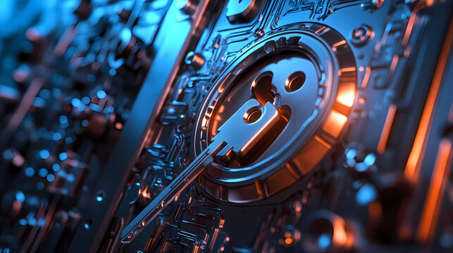 Close-up of decryption key entering security system with encrypted background clearing up for cybersecurity concepts. Crystalshade. Illustration