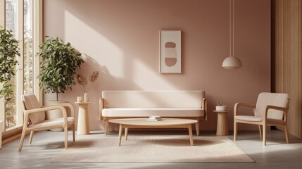 Sunlit living room with beige sofa, wooden chairs, and round coffee table.