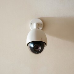 A white surveillance camera mounted on a wall, featuring a round lens and a sleek dome design