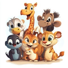 Naklejka premium Adorable Cartoon Animals Grouped Together In A Friendly Pose