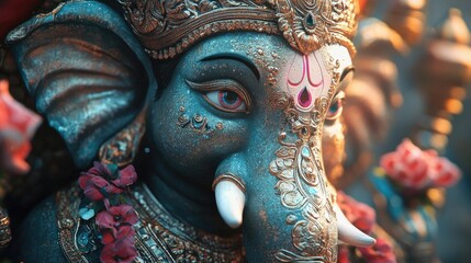 Fototapeta premium A close-up of an intricately crafted Ganpati statue, showcasing the detailed craftsmanship and vibrant colors,