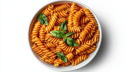 Delicious pasta with tomato sauce and basil in bowl isolated on white, top view
