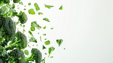 Fresh green broccoli falling on white background