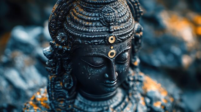 A close-up of a shiv ling carved from black stone, with intricate designs and a subtle sheen, set against a textured background.