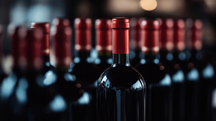 Many red wine bottles neatly displayed in shop. Selection of wines for customers. Elegant, sophisticated display. High-end retail setting. Focus on quality, variety. Premium beverage showcase.