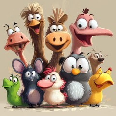 Fototapeta premium A Group Of Cartoon Animals Posing Together Happily